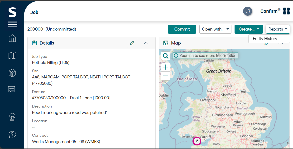 This image displays the reports button that can be used to launch a report from an entity screen.